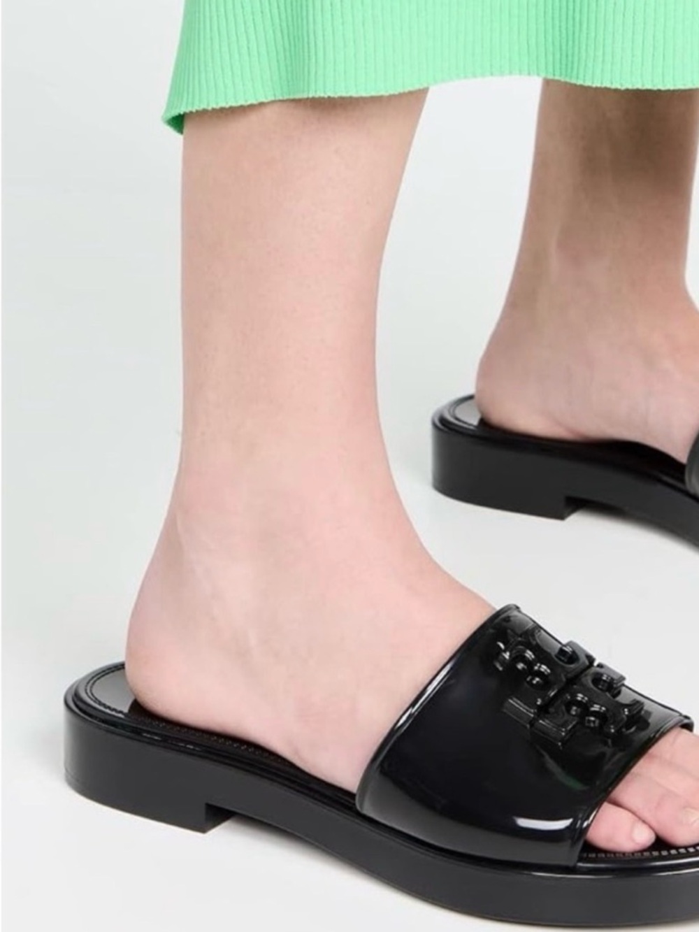 Tory Burch Black Patent Slide Mules with Logo Detail